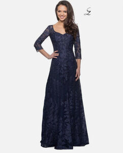 New La Femme Size 14 Lace V Neck A-line Dress Gown - 28053 Navy *rip, stain*